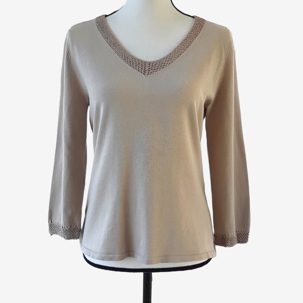 Pointelle Light Tan Knit Silk Blend V Neck 3/4 Sleeve Pullover Sweater M